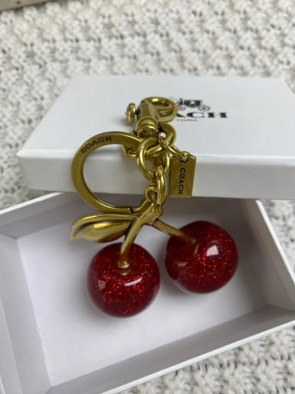 Coach Red Glitter Cherry Keychain with Gold Hardware